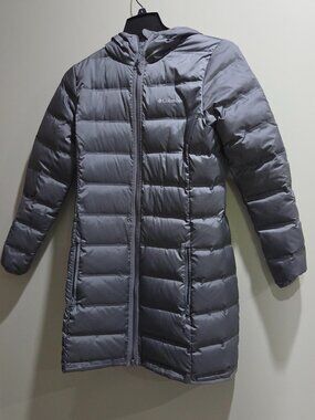 Columbia womens hooded long down coat pewter grey Medium